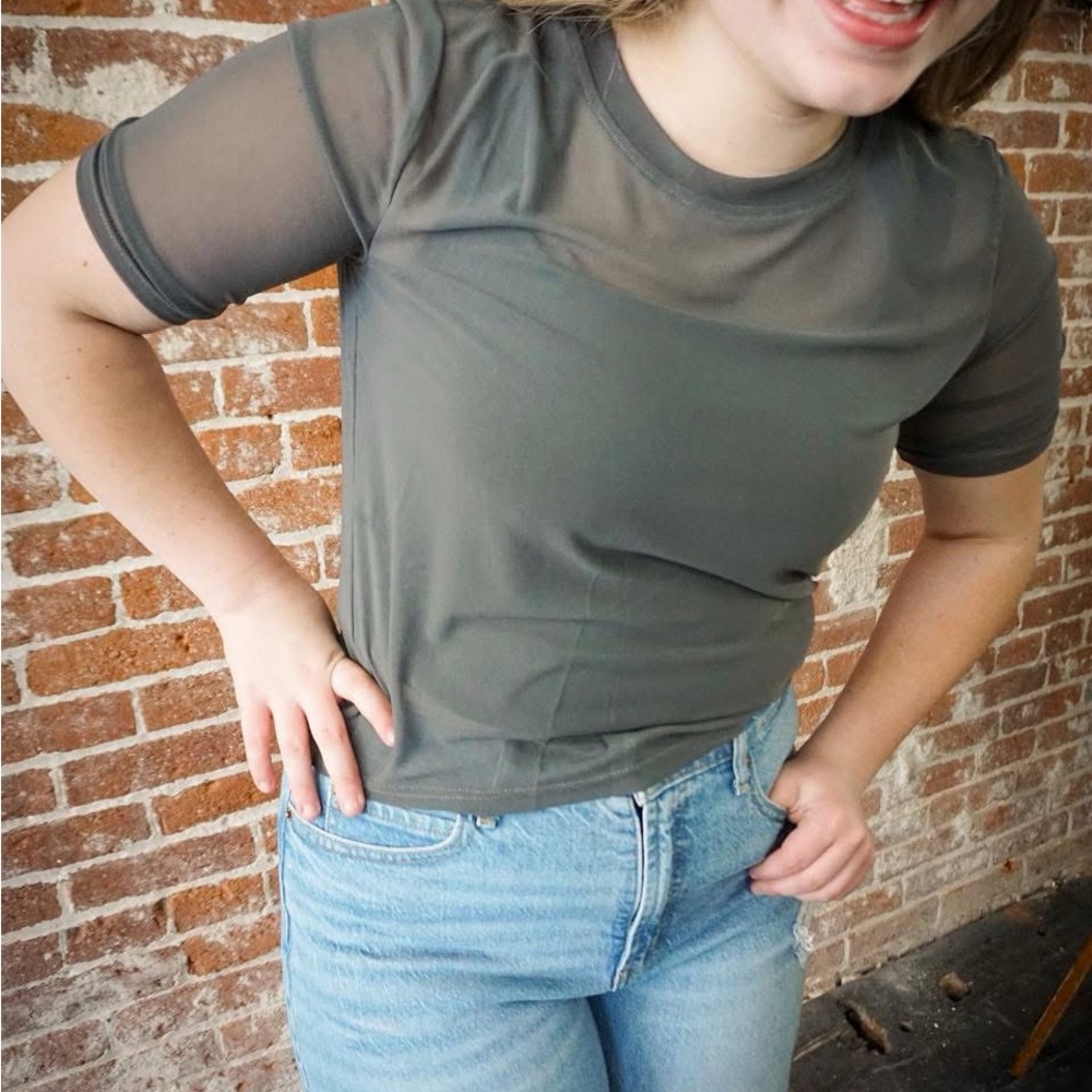 Women’s Short Sleeve Sheer-Panel Tee in gray